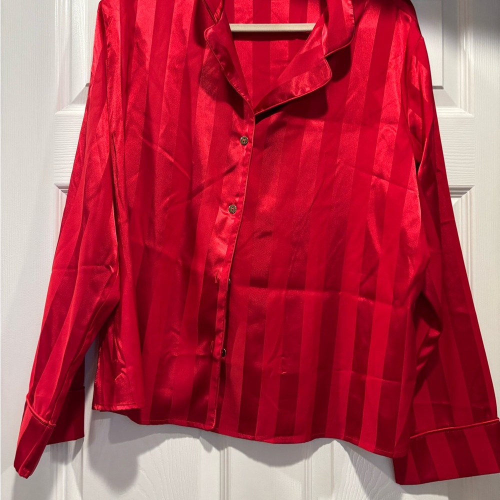 Red Striped Button-Up Shirt and bottom silk pajamas